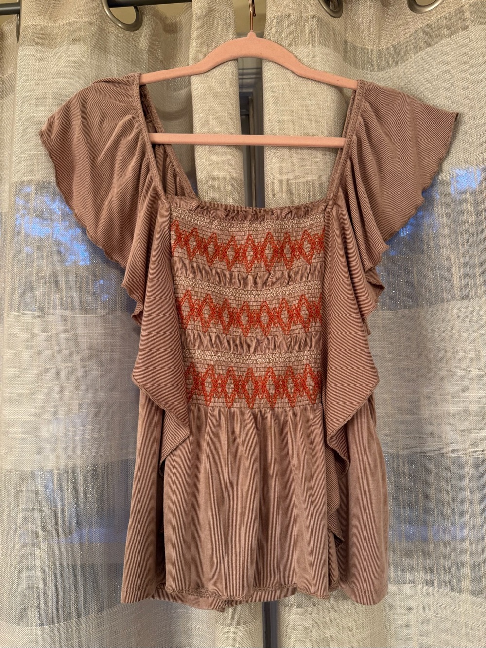 Mauve Flutter-Sleeve Tunic with Rust Embroidered Bodice